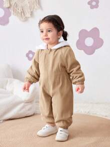 SHEIN Newborn Baby Girls Thermal Lined Hooded Jumpsuit, Contrast Color, Warm For Autumn/Winter