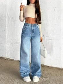 SHEIN Cottnline Hıgh Waist Wash Detailed Wideleg Jean - Medium Wash - View 6