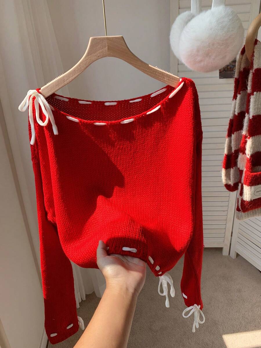 Comfortcana Women's New Autumn And Winter Christmas Contrast Color Strappy Red Sweater Valentine's Day