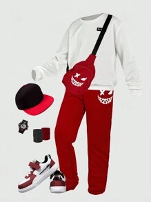 SHEIN 2pcs Tween Boy Casual Print Crew Neck Sweatshirt And Sweatpants Set (With Bag)