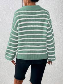 Flirla Women Casual Dropped Shoulder Striped Long Sleeve Pullover Sweater, Autumn/Winter