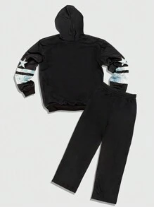 ROMWE MEN Prep Conjunto de sudadera con capucha y pantalones de chándal casuales con estampado numérico de manga larga de otoño para hombre