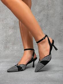 CUCCOO SZL Zapatos de tacón de aguja con tacón alto con adorno de strass puntiguados para mujer, tacones sexy de fiesta, coordinación de atuendo casual de primavera y salida nocturna - Negro - Ver 3