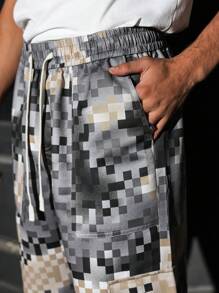 PAVTROS Manfinity Streetrush Men's Fashion Colorblock Mosaic Print Cargo Pants, Long Vacation Drawstring Straight Leg Pants, For Husband, Boyfriend Gifts - Multicolor - View 5