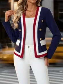 SHEIN Clasi 1pc Women Elegant Stripe Long Sleeve Double-Breasted Blazer, Suit For Commuting, Autumn - Navy Blue - View 1