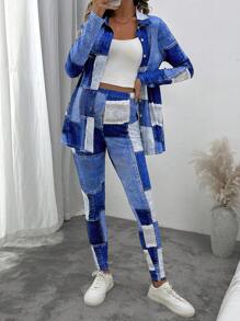 SHEIN 2pcs Maternity Casual Patchwork Print Button Front Long Sleeve Top And Leggings Set, Leggings Set, Autumn