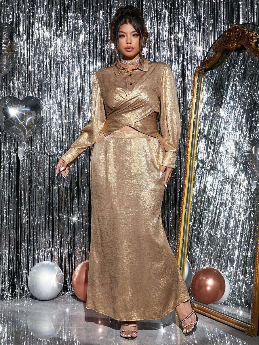 SHEIN Unity Plus Size 2pcs Set Elegant Metallic Blouse And Skirt, Suitable For Autumn - Apricot - View 1