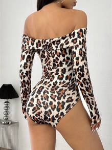INAWLY Women Sexy Off Shoulder Twist Leopard Print Bodysuit - Apricot - View 2
