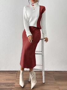 Calvaya Vestido largo elegante y de moda con escote en V, contraste de colores, lazo, manga con campana de cola de pez, para otoño/invierno, estilo europeo y americano