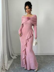 Modelyn 1 pieza Vestido maxi asimétrico con volantes y ajustado de hombros descubiertos para mujer, vestido de noche largo