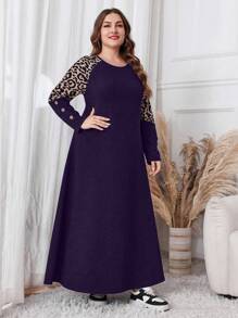 Al Najma 大码宽松休闲豹纹拼布穆斯林长裙，休闲 T 恤长款连衣裙，适合日常休闲/旅游/居家 - 紫色 - 查看 4