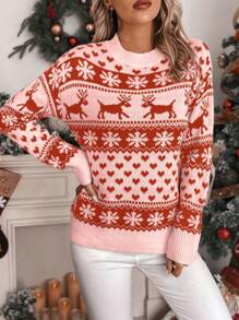 Chiquease Casual Christmas Contrast Color Reindeer & Geometric Pattern Sweater, Autumn/Winter Knit Pullover Fall - Pink - View 4