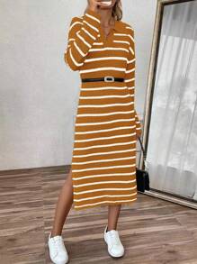 SHEIN Unity 女士 POLO 领 V 领条纹低开衩长款针织毛衣连衣裙、休闲家居服 - 鏽棕色 - 查看 7