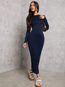 SHEIN PETITE Solid Color Pleated Waist Black Long Sleeve Dress - Navy Blue - View 5