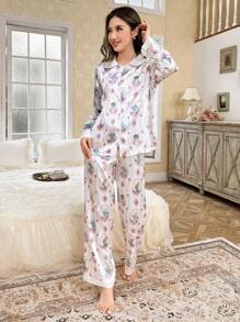 Pijama de manga larga con estampado de conejo y flores para mujer, romántico para otoño/invierno