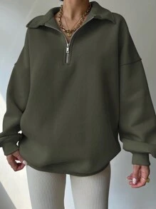 INAWLY 女士休闲宽松落肩纯色卫衣，适合秋冬季节，长袖上衣，毕业季、教师节等场合，返校季套头衫 - 墨綠色 - 查看 3