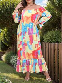 SHEIN LUNE Plus Size Casual Holiday Off-Shoulder Colorful Printed Dress - Multicolor - View 3