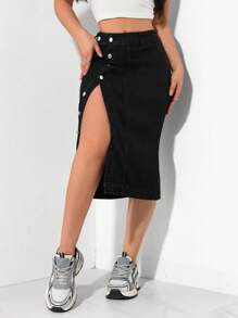 SHEIN PETITE Women's Single-Breasted Midi Length Casual Versatile Denim A-Line Skirt