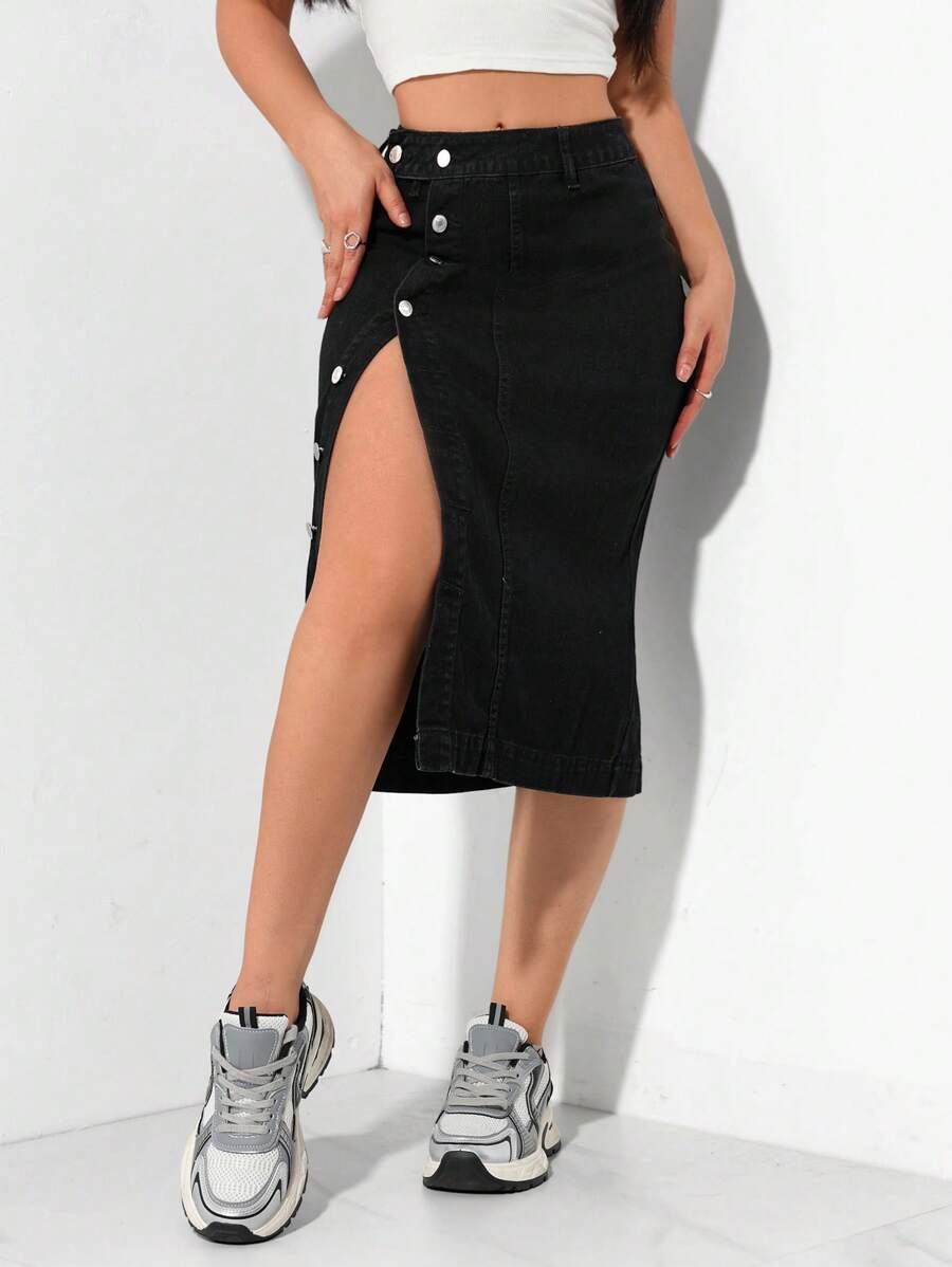 SHEIN PETITE Women's Single-Breasted Midi Length Casual Versatile Denim A-Line Skirt