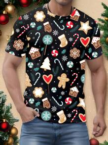 Manfinity Homme Christmas Colorful Candy Full Print Casual Black T-Shirt For Men - Multicolor - View 1