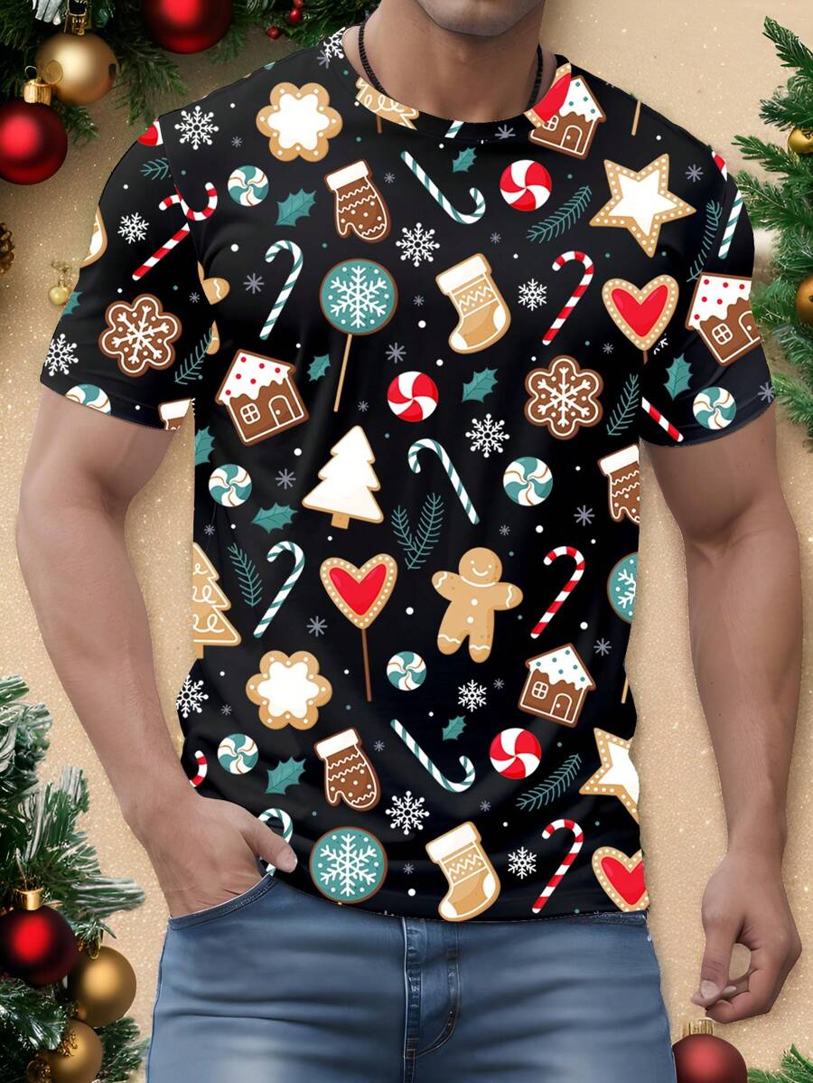 Manfinity Homme Christmas Colorful Candy Full Print Casual Black T-Shirt For Men - Multicolor - View 1