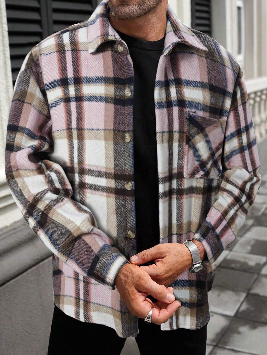 Manfinity Homme 男士休闲格纹印花拼布口袋夹克，秋季