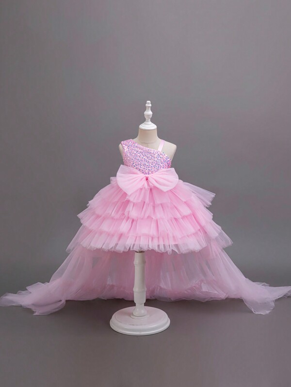 Glamorique Kids Festliches Paillettenkleid mit Tüllrock, Spaghettiträger und Schleppe für Kleine Mädchen, Weihnachtsaufführung, ganzjährig tragbar