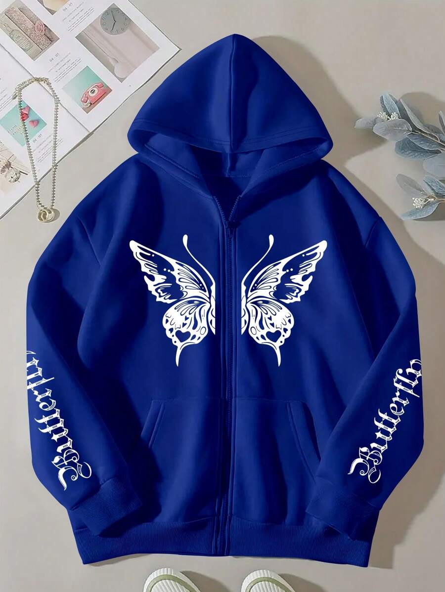 INAWLY Women's Letter & Butterfly Print Long Sleeve Zip Collar Hoodie Sweatshirt, Casual Style For Autumn/Winter - Royal Blue - View 1
