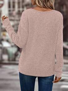 Balvessa Camiseta de mujer de manga larga con cuello en V de unicolor, casual y versátil - Rosa - Ver 2