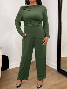 INAWLY Set de 2 piezas de talla grande: top asimétrico y pantalones de color liso casual, otoño