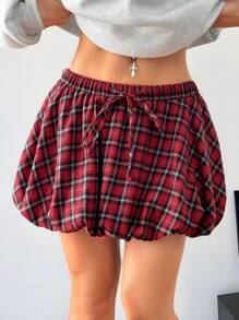 SHEIN EZwear 女孩 Y2K 学院风音乐节红色格子迷你泡泡裙