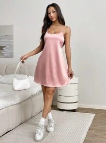 SHEIN EZwear Damen Neuer Stil Tafteta Spaghetti-Träger einfarbiges Satin Slip Kleid