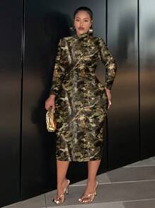 Slaydiva Casual Minimalist Plus Size Crew Neck Long Sleeve Fitted Dress, Spring/Autumn - Multicolor - View 4