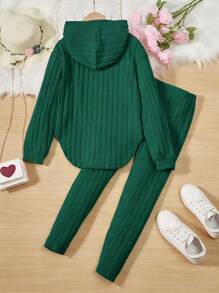 2pcs Tween Girl Ribbed Hooded Asymmetrical Hem T-Shirt With Leggings Set - Dark Green - View 2