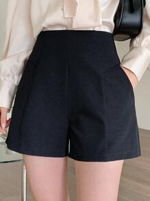 DAZY Women's Casual Simple Solid Color High Waist Shorts,Fall Clothes - Navy Blue - View 5