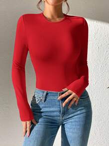 SHEIN PETITE 纯色修身春季女式紧身衣 - 紅色 - 查看 7