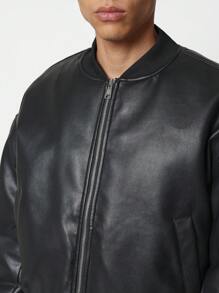 SUMWON Premium Faux Leather Bomber Jacket Cropped Fit High End Design Urban Streetwear Outerwear Fall Winter Zip Up Classic Modern Fashion Essential