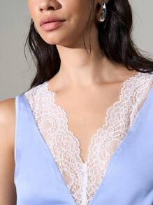 AiiRZ Satin V-Neck Sleeveless Top With Lace Details