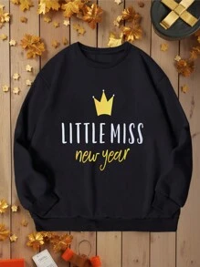 家庭配套服装，年轻女孩黑色连帽衫，保暖内衬，温暖舒适，休闲宽松街头装和校服风格，可爱的皇冠和“新年小美女”图案印花，适合三口之家 - 黑色 - 查看 3