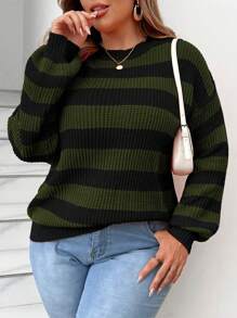 Calvaya Plus Size Women's Casual Striped Round Neck Drop Shoulder Long Sleeve Sweater, Autumn/Winter Knit Pullover Fall - Army Green - View 1