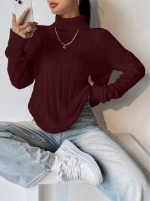 SHEIN Unity Wide Ribbed High Neck Pullover Sweater, Simple Fashion Casual Everyday Wear For New Year Knit Pullover Fall Winter - Red - View 1