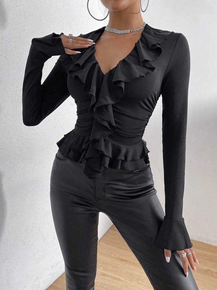 Allurite Women's Black Elegant Ruffled Top With Ruffled Cuffs And Ruched Neckline - Black - View 3