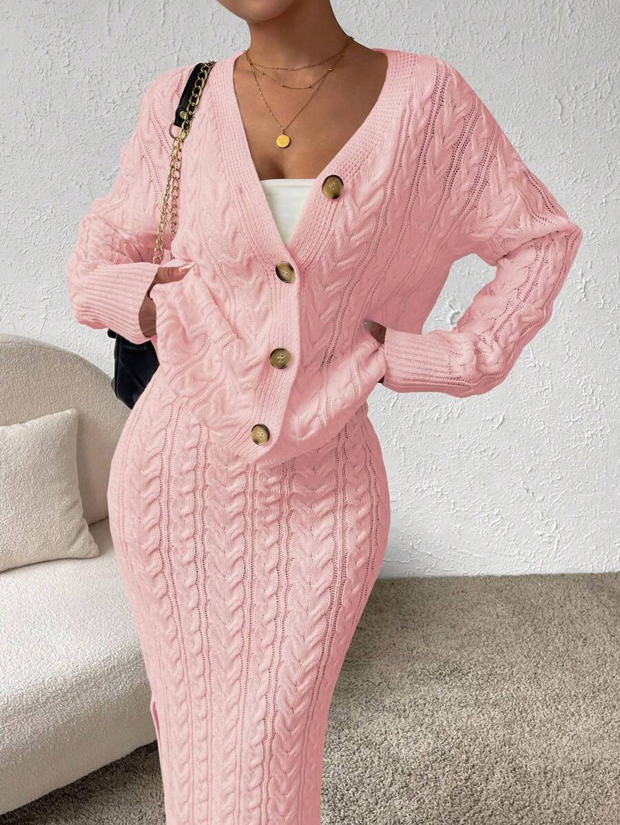 Chiquease 2pcs Solid Color Twist Knit V-Neck Button Front Cardigan And Skirt Knit Set - Pink - View 1