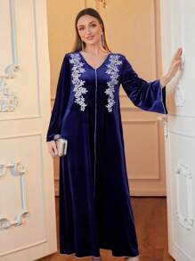 Al Najma V 领长袖简约长款天鹅绒刺绣连衣裙，日常休闲穿着，优雅朴素的束腰外衣卡夫坦和阿拉伯长袍，适合晚会/婚礼嘉宾/周年纪念