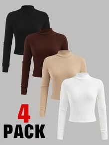Girlism Set de 4 camisetas de manga larga con cuello alto, estilo corto, de punto, casuales y versátiles en colores blanco, albaricoque, marrón y negro para adolescentes, compra 1 y lleva 3 gratis - Multicolor - Ver 1