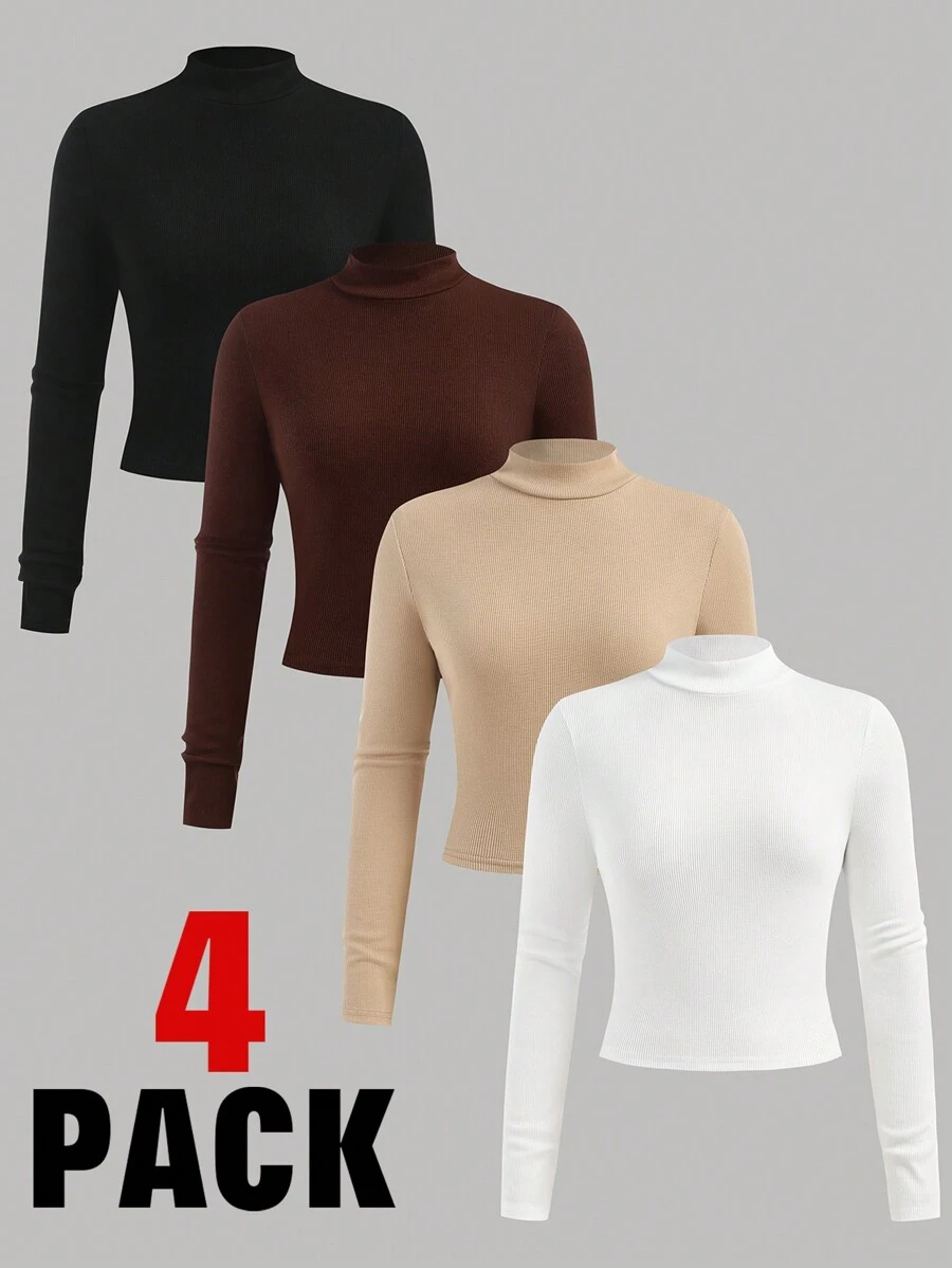 Girlism Set de 4 camisetas de manga larga con cuello alto, estilo corto, de punto, casuales y versátiles en colores blanco, albaricoque, marrón y negro para adolescentes, compra 1 y lleva 3 gratis - Multicolor - Ver 1