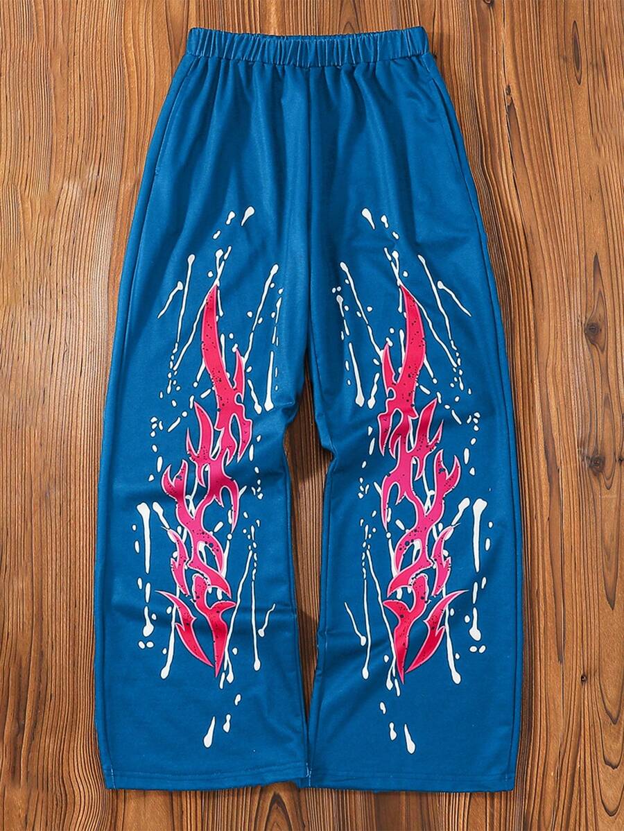 SHEIN Teen Boy Casual Contrast Color Print Elastic Waist Sweatpants - Blue - View 1