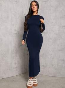 SHEIN PETITE Solid Color Pleated Waist Black Long Sleeve Dress - Navy Blue - View 4