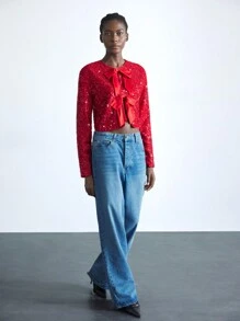Maija Chaqueta larga con mangas, elegante para fiesta, con decoración de lazo y bordado de lentejuelas rojas, para mujer, primaveral