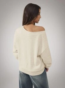 SHEIN BAE 女士休闲/时尚不对称露肩舒适运动衫面料，字母刺绣套头运动衫，适合秋季 - 杏色 - 查看 2